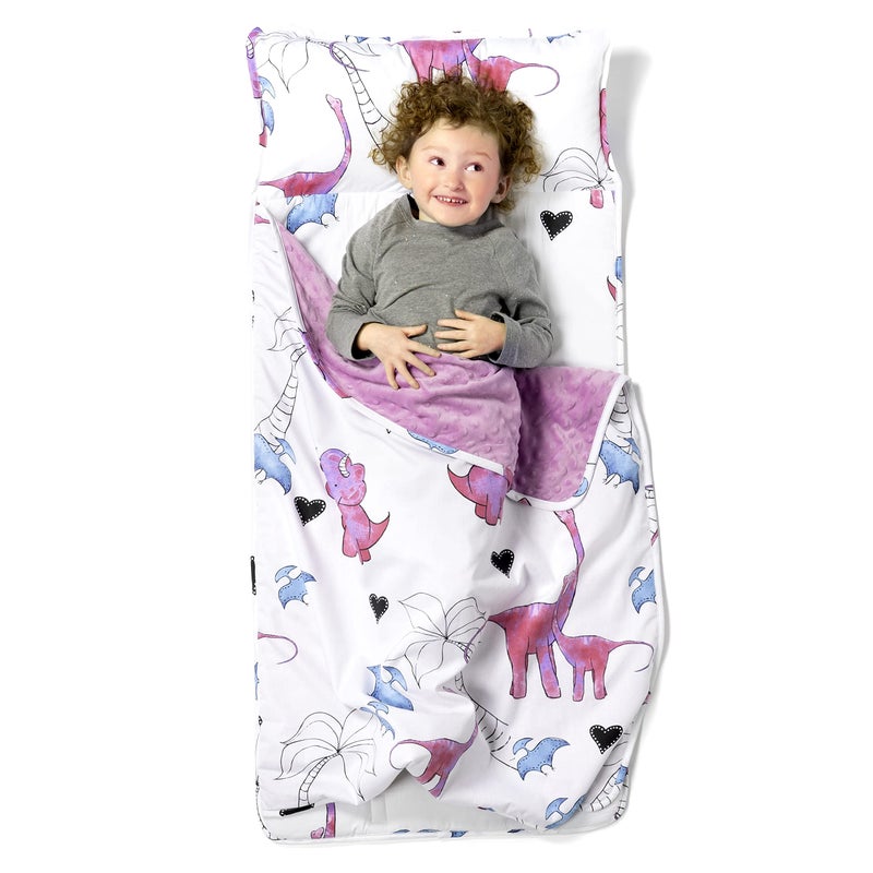 JumpOff Jo Nap Mat for Kids - Cozy Kids Rest Mat with Removable Pillow and Ultra Soft Blanket for Preschool, Daycare, and Sleepovers - Pink Dino - Image 1